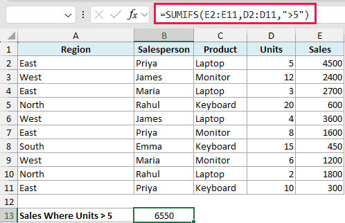Excel SUMIFS formula using a greater than operator to sum sales where units are greater than 5