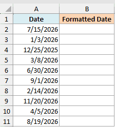 Excel dataset with a Date column containing various dates and an empty Formatted Date column for TEXT function examples