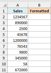 Excel dataset with raw sales figures in column A and an empty Formatted column B for thousands separator practice