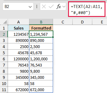 Excel formula =TEXT(A2:A11, "#,##0") used to add thousands separators to sales figures in column B