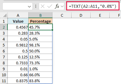 Excel formula =TEXT(A2:A11,"0.0%") converting decimal values in column A to percentage format in column B