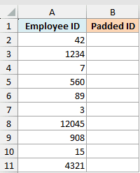 Excel dataset showing a column of numeric Employee IDs needing leading zero padding in the Padded ID column