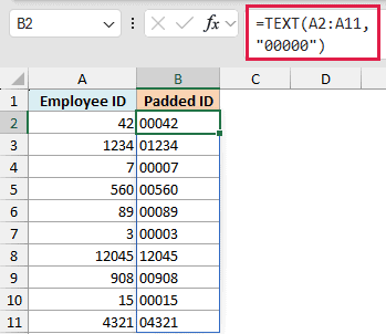 Excel formula =TEXT(A2:A11, "00000") used to add leading zeros to Employee IDs in column B