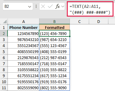 Excel formula =TEXT(A2:A11, "(###) ###-####") applied to column A to format raw numbers as phone numbers in column B