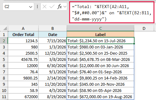 Excel formula combining TEXT function with ampersands to create a formatted label string in column C