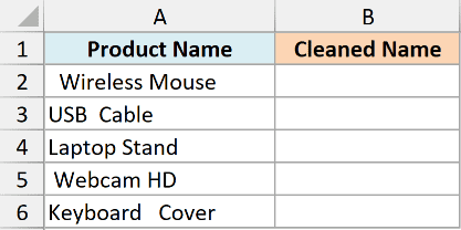 Excel dataset with Product Name and Cleaned Name columns showing entries containing extra spaces between words