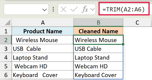 Excel formula bar showing =TRIM(A2:A6) applied to a list of product names in column B to remove extra spaces