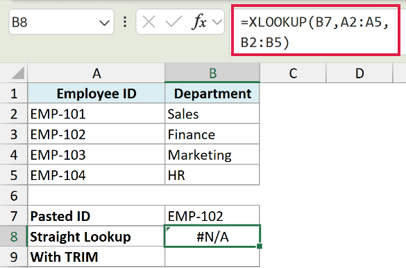 Excel formula bar showing an XLOOKUP function returning an #N/A error in cell B8 due to hidden spaces in the lookup value