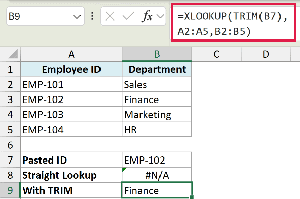 Excel formula bar showing XLOOKUP with nested TRIM function to fix a lookup error for an employee ID in cell B7