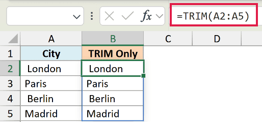 Excel formula bar showing =TRIM(A2:A5) applied to a column labeled TRIM Only to clean city names in cells B2 through B5