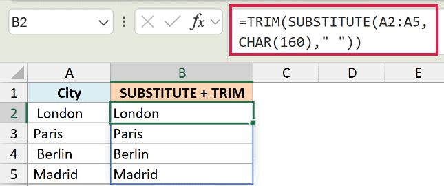 Excel formula bar showing TRIM and SUBSTITUTE functions used to clean non-breaking spaces from a list of city names