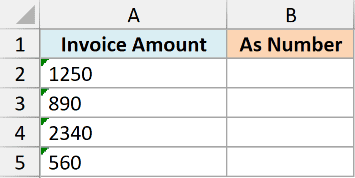 Excel spreadsheet showing invoice amounts in column A formatted as text with green error triangles in each cell