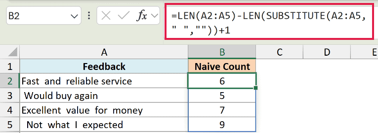 Excel formula for naive word count using LEN and SUBSTITUTE functions applied to a list of feedback text in column A