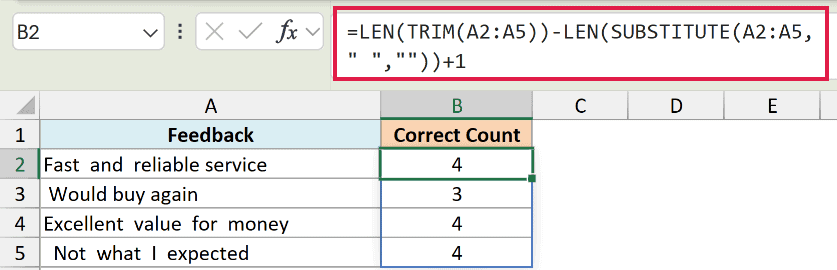 Excel formula using TRIM and SUBSTITUTE to calculate the correct word count for text in column A