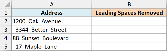 Excel table with column A showing addresses with leading spaces and column B labeled for leading spaces removed
