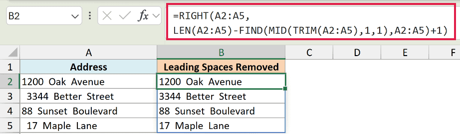 Excel formula in the formula bar to remove only leading spaces from text in column A, displaying results in column B
