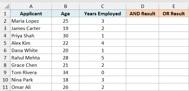 Excel table with columns for Applicant, Age, and Years Employed, plus empty columns for AND and OR logical results