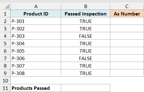 Excel table showing Product IDs and TRUE/FALSE inspection results in column B, with an empty As Number column C