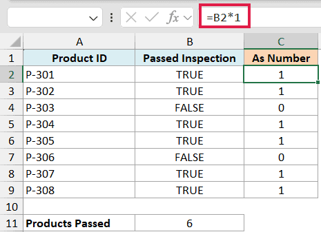 Excel formula =B2*1 in the formula bar converting TRUE and FALSE logical values in column B to 1 or 0 in column C