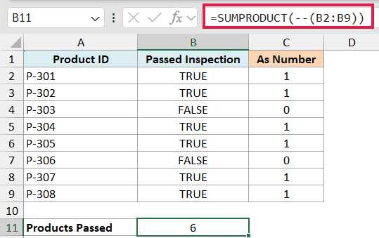 Excel formula =SUMPRODUCT(--(B2:B9)) counting TRUE values as 1 to total 6 passed products in a table
