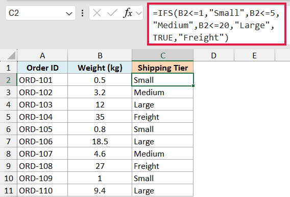 Excel IFS formula using TRUE as a catch-all condition to categorize shipping tiers based on weight in column B