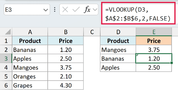 VLOOKUP with the table array locked as an absolute reference returning every price correctly