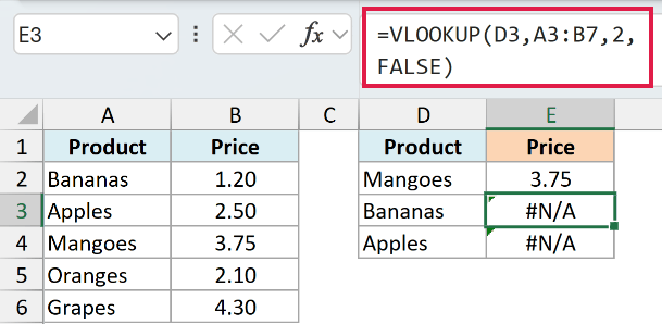 An unlocked table array sliding down to A3:B7 as the formula is copied, leaving #N/A on the lower rows