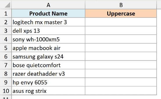 Excel table with lowercase product names in column A and an empty Uppercase header in column B