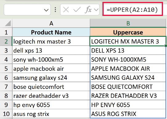 Excel formula =UPPER(A2:A10) converting a column of product names into uppercase text in column B