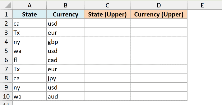 Excel dataset with columns for State and Currency codes alongside empty columns for UPPER function results