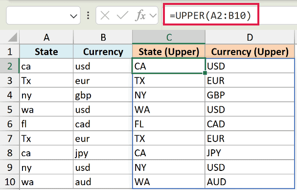Excel formula =UPPER(A2:B10) applied to columns A and B, spilling uppercase results into columns C and D