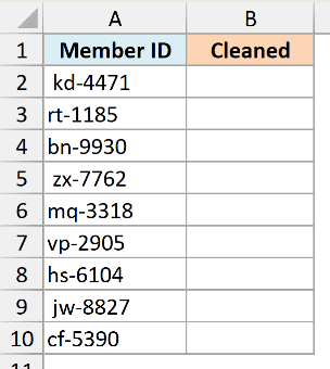 Excel table with lowercase Member IDs in column A and an empty Cleaned column B for UPPER function processing