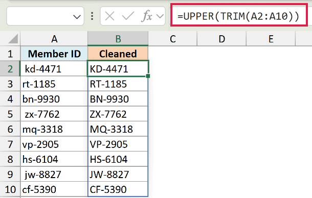 Excel formula bar showing =UPPER(TRIM(A2:A10)) to convert Member IDs in column A to uppercase in column B