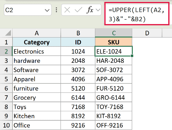Excel formula using UPPER, LEFT, and concatenation to generate uppercase SKUs from category and ID columns