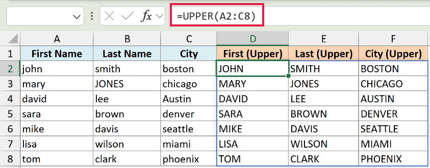 Excel formula bar showing =UPPER(A2:C8) applied to a table, spilling uppercase results into columns D, E, and F