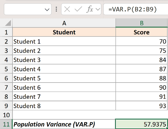 Excel formula bar showing =VAR.P(B2:B9) to calculate the population variance of eight student test scores in column B