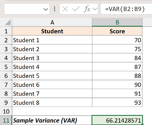 Excel formula bar showing =VAR(B2:B9) applied to a list of eight student test scores, resulting in 66.21428571