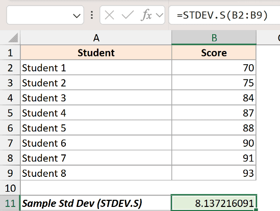 Excel formula =STDEV.S(B2:B9) calculating the sample standard deviation for a list of eight student test scores