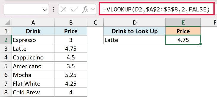 Excel formula bar showing VLOOKUP with FALSE for an exact match to find the price of a Latte in a table