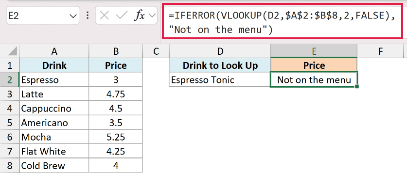 Excel formula bar showing IFERROR wrapping a VLOOKUP function to return a custom text message for missing lookup values