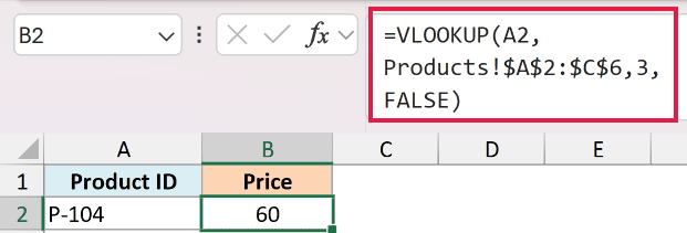 Excel formula bar showing a VLOOKUP function referencing a separate sheet named Products to retrieve a price for P-104