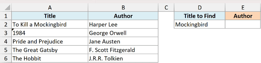 Excel dataset showing book titles and authors with a search field for VLOOKUP partial matching