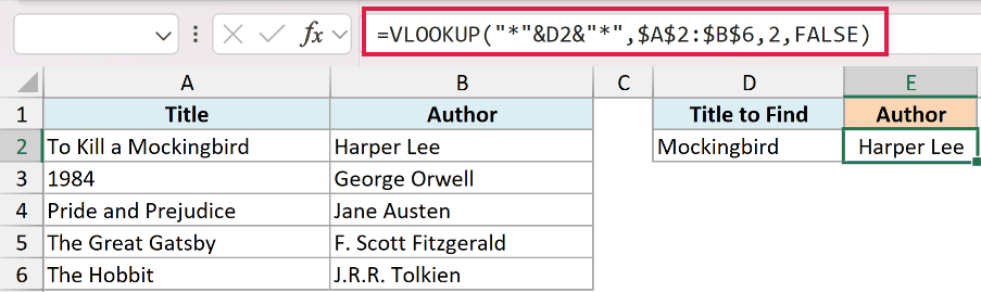 Excel VLOOKUP formula using asterisks as wildcards to perform a partial match lookup for a book title in a table
