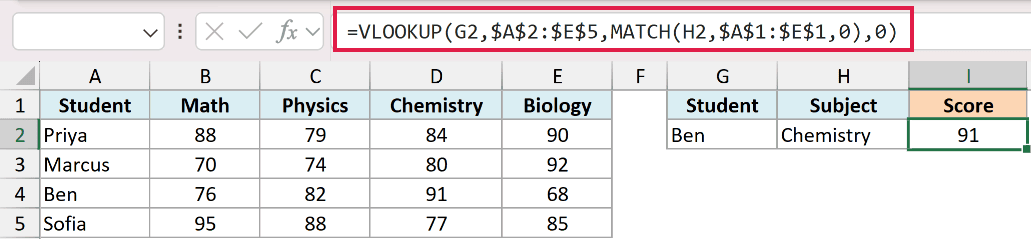Excel formula bar showing a VLOOKUP with a nested MATCH function to perform a two-way lookup for a student score