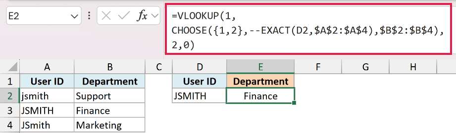 Excel formula bar showing VLOOKUP combined with CHOOSE and EXACT functions to perform a case-sensitive lookup