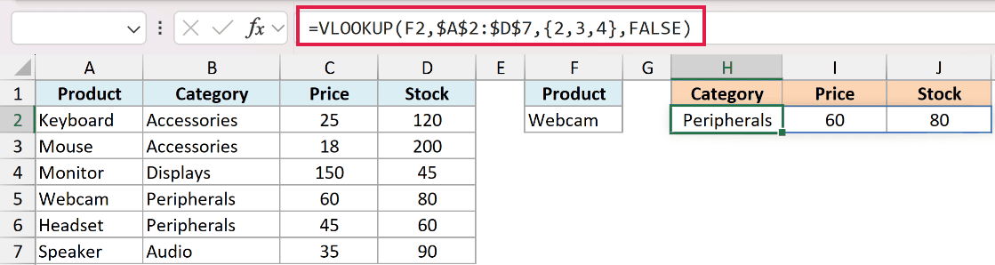 Excel formula using VLOOKUP with an array constant to return multiple columns for a product lookup