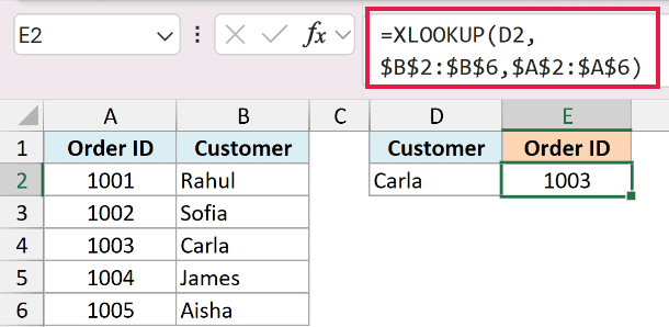 Excel formula bar showing XLOOKUP function used to perform a left lookup by returning an Order ID based on a customer name