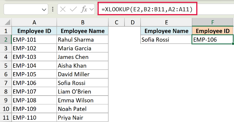 XLOOKUP formula in formula bar retrieving Employee ID from column A based on Employee Name in column B
