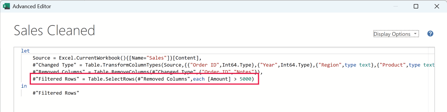 Power Query Advanced Editor showing M code with a red box highlighting a Table.SelectRows filter for amounts over 5000