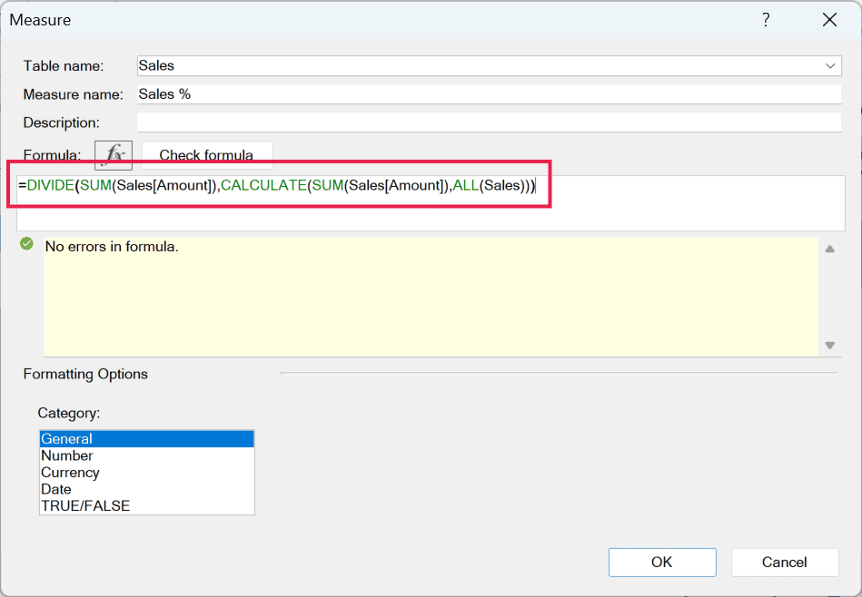 Power Pivot Measure dialog showing the Sales % formula using DIVIDE, SUM, CALCULATE, and ALL functions